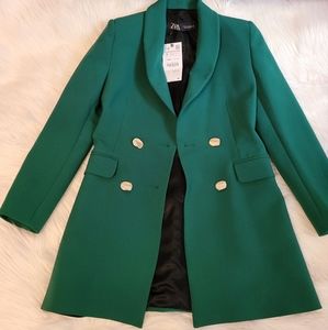 Zara double-breasted, long green blazer, Size: small